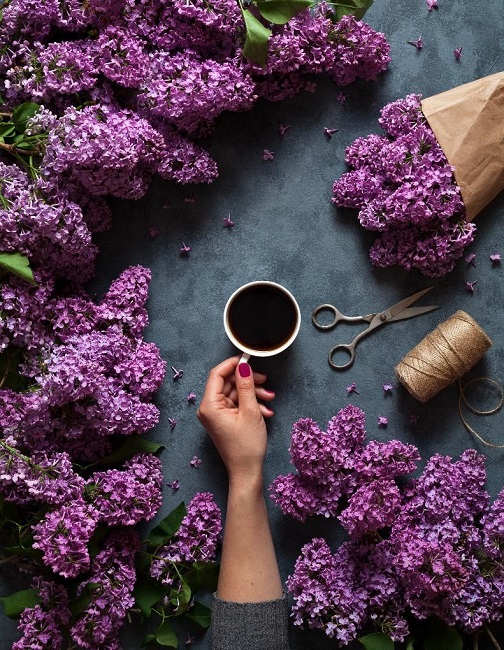 hand holding mug of coffee above table with lilac clippings